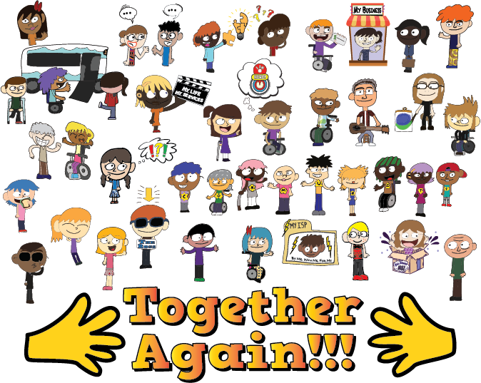 Together Again Conference Logo: A collage of cartoon people depicting previous Conference topics including: Transportation, Self-Directed Services, Employment, Person-Centered Planning, Manage your own Support Staff, Community, Support Plans, and having FUN