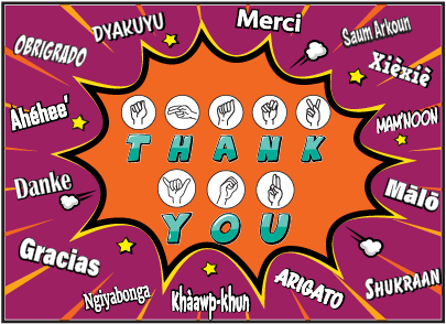 "Thank you" spelled in American Sign Languae and out languages.