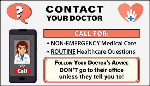 If you have routine healthcare questions, or you think you may need medical care, but it IS NOT AN EMERGENCY, contact your doctor. 
Follw your doctor's advice. 
Don't go to their office unless they tell you to.