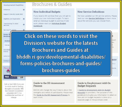 click on these words to visit the Division's website for the lastest brochures and guides at: https://bhddh.ri.gov/developmental-disabilities/forms-policies-brochures-and-guides/brochures-guides