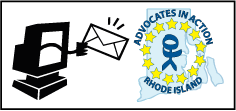 Graphic of a computer holding an envelop towards the Advocates in Action RI logo. The logo is a cirlce of start around a stick person who is standing with their arms in the air to symbolize being empowered. There is a Rhode Island state map behind the circle of stars.