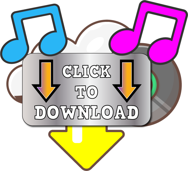 an image that represents music downloads which contains musical notes, a cloud, a CD, arrows pointing down and the words, "click to download"
