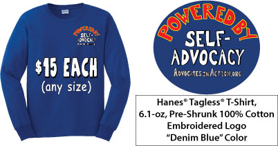 long sleeve denim blue colored shirt embroidered with "pwered by Self-Advocacy"