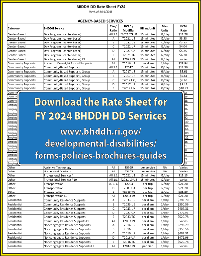 Download the FY 2024 Rates Sheet for BHDDH DD Services at: https://bhddh.ri.gov/developmental-disabilities/forms-policies-brochures-guides