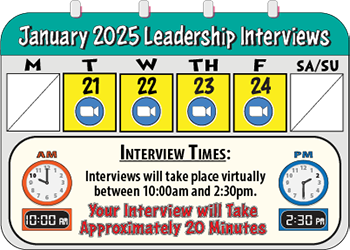 Calender for January 2025 with interview times and days.