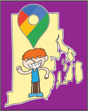 A cartoon person on a map of Rhode Island with a Google Maps icon.