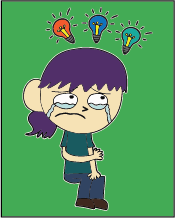 A cartoon person crying with lighbulbs to represent ideas above them.