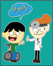 A cartoon person talking to a doctor while the doctor gives a thumb's up.