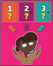 A cartoon person being supported by 2 hands as they consider their choices three doors numbered 1, 2, and 3.