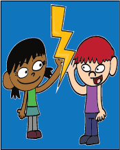 2 cartoon people giving a high five with a lightening bolt between them.