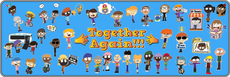 Together Again Conference Logo: A collage of cartoon people depicting previous Conference topics including: Transportation, Self-Directed Services, Employment, Person-Centered Planning, Manage your own Support Staff, Community, Support Plans, and having FUN