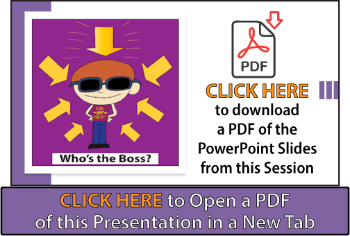 This is the opening slide from the Who's the Boss presentation. It contains a cartoon person wearing a short that says, "ask me first". The person is in the center, surrounded by arrows that are  pointing at them. It also includes a message that says, "Speakng Up: Sometimes it's easier said than done."