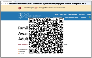 Use the QR code or the following link to learn about the Sherlock Center's Family Employment and Awareness Training at: https://sherlockcenter.ric.edu/events-education-training/all-events/family-employment-awareness-training-adults-feat-0