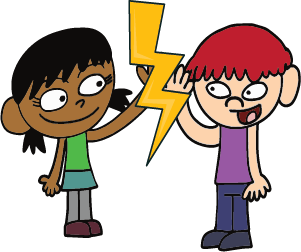 image Cartoon of 2 people holding a lightening bolt.