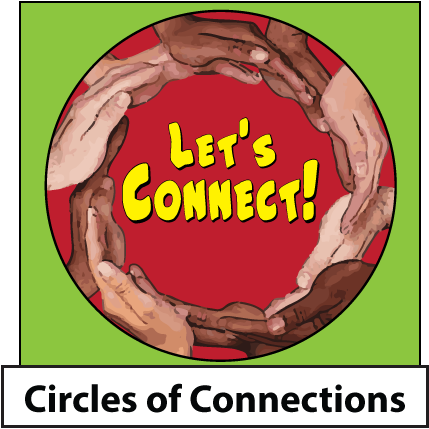 A drawing of people's hands that are held out flat and next to each other for form a circle. The words "let's connect" are written inside the circle.