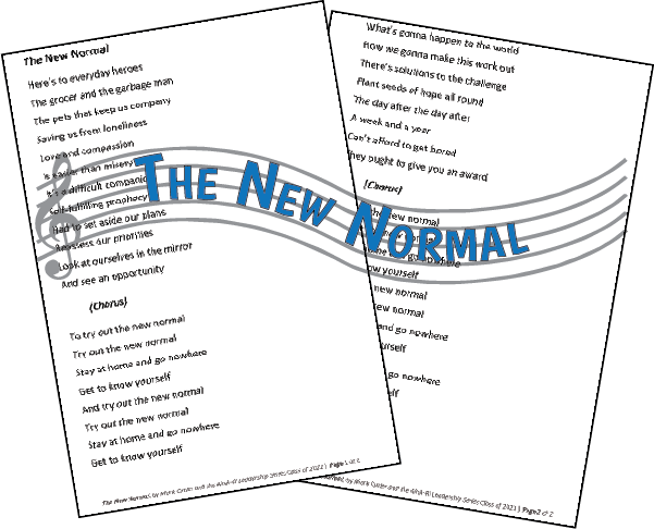 Thiis is an image of 2  printed pages with the lyrics to "The New Normal". There is alos am music bar on top of the pages with the name of the song.