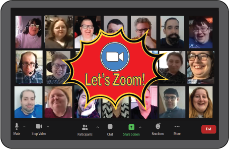 image of Leadership Class members on a Zoom screen with the words, "let's zoon!"