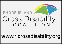 RI Cross Disability Coalition with a rainbow colored umbrella. www.ricrossdisability.org