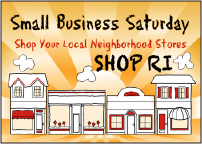 Small Business Saturday logo with cartoon store fronts. Shop your local neighborhood stores. Stop RI